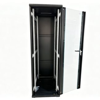Comms Cabinet - Free Standing Glass Lockable front door, 2 x Side Panels, Lockable Back Door., c/w Feet & castors. IP20 Rated (Indoor Use Only)