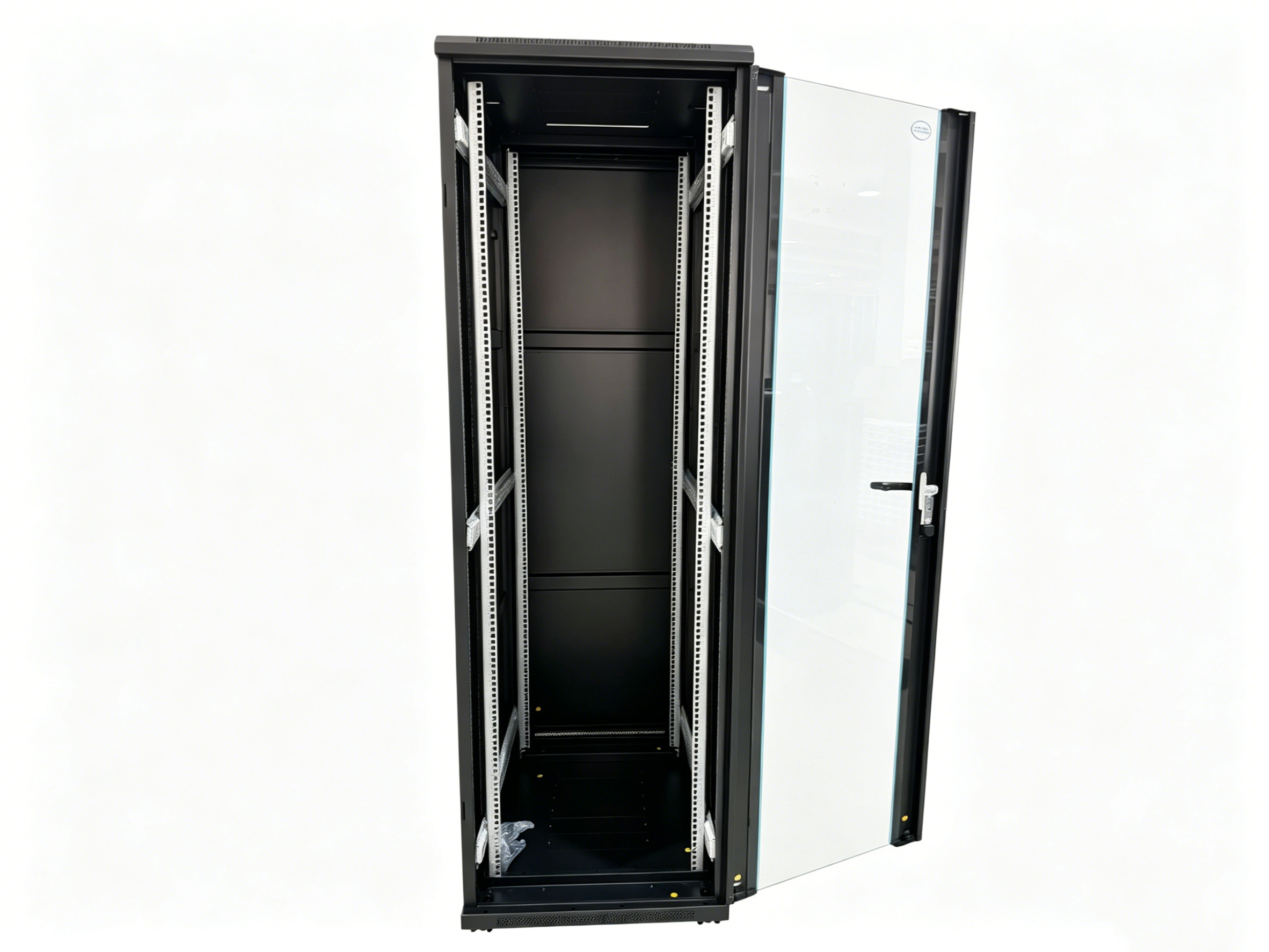 Comms Cabinet - Free Standing Glass Lockable front door, 2 x Side Panels, Lockable Back Door., c/w Feet & castors. IP20 Rated (Indoor Use Only)