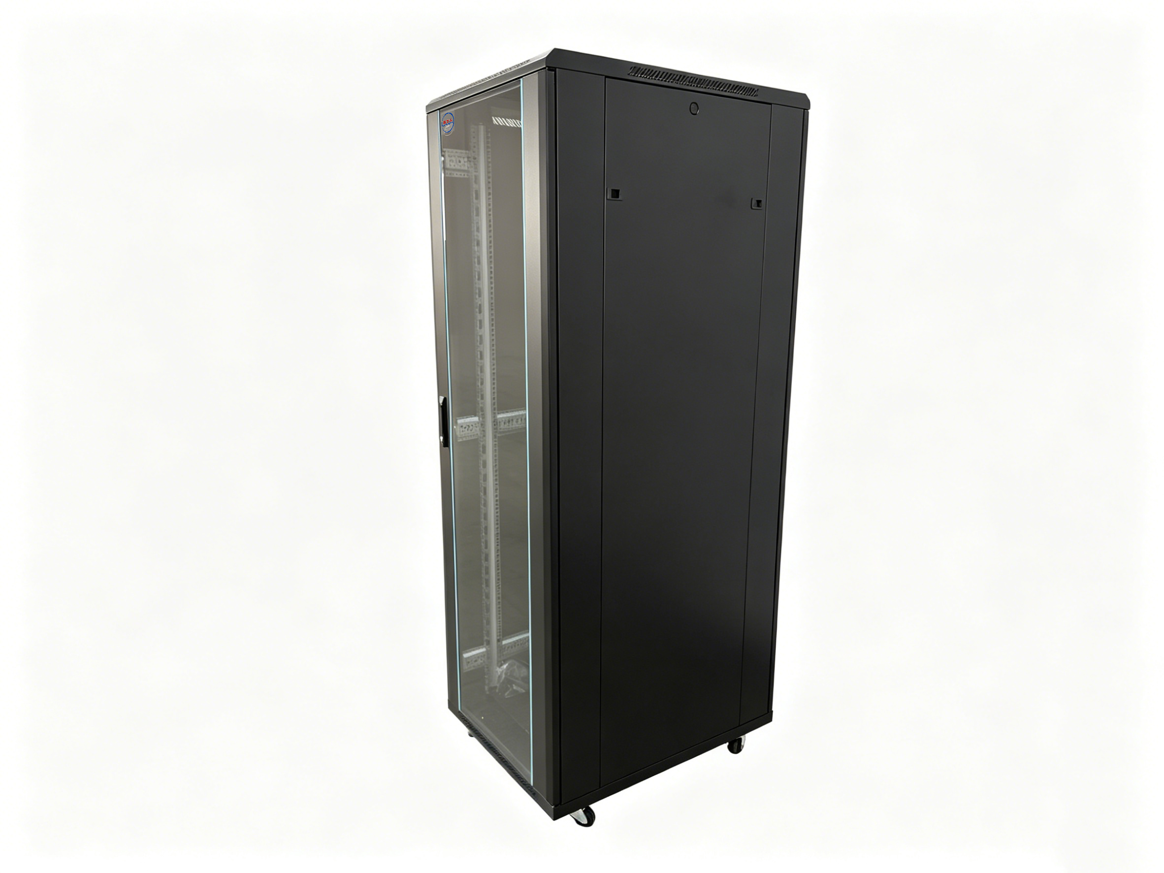 Comms Cabinet - Free Standing Glass Lockable front door, 2 x Side Panels, Lockable Back Door., c/w Feet & castors. IP20 Rated (Indoor Use Only) - Image 3