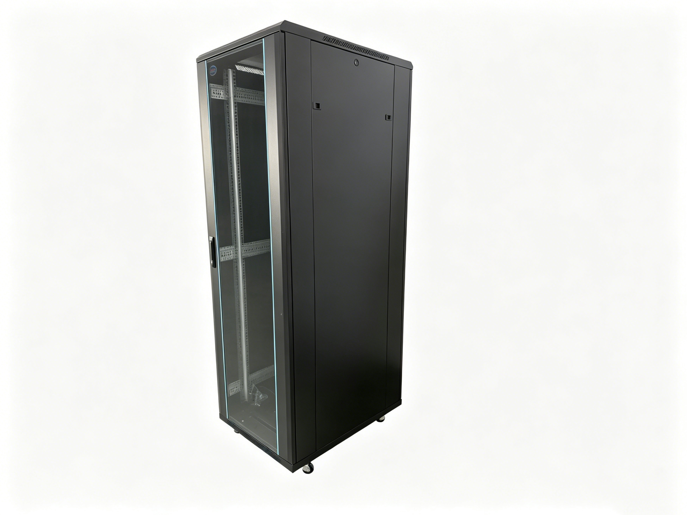 Comms Cabinet - Free Standing Glass Lockable front door, 2 x Side Panels, Lockable Back Door., c/w Feet & castors. IP20 Rated (Indoor Use Only) - Image 4