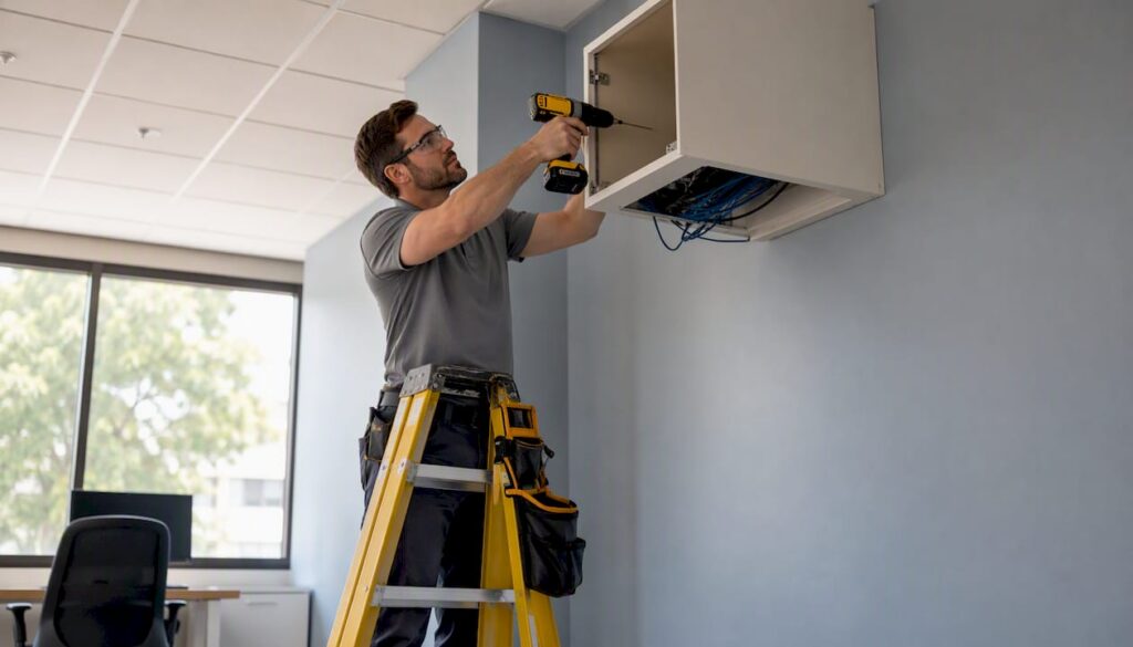 Technician installing shallow wall cabinet on wall