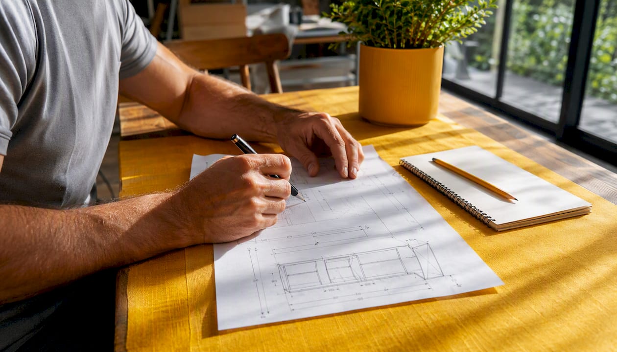 Hands reviewing shallow wall cabinet dimension drawing