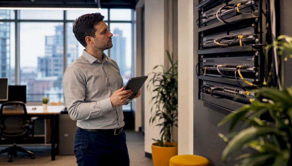 IT professional inspecting open-frame server rack