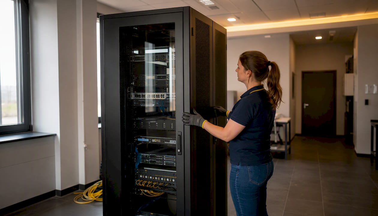 Close-up of technician adjusting server rack cabinet