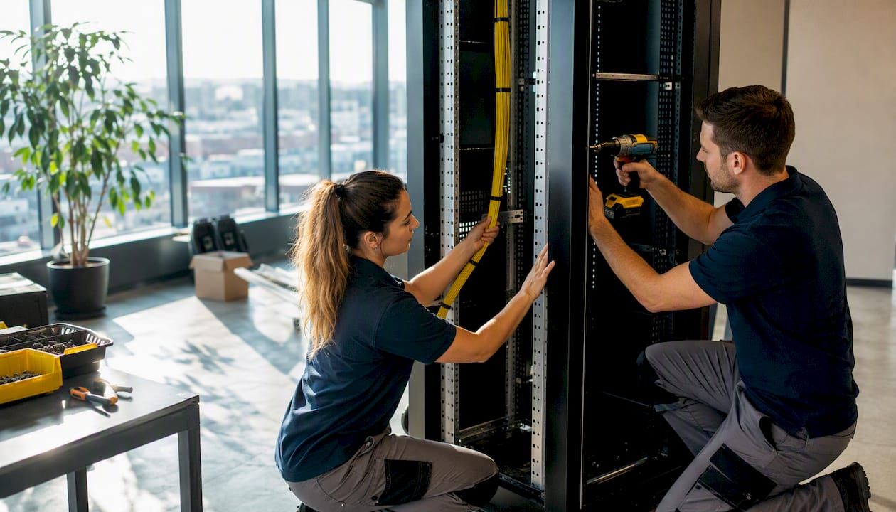 Two technicians installing server rack in server room